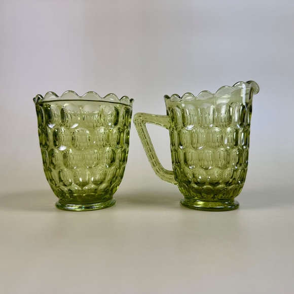 Vintage Fenton Green Thumbprint Glass Creamer & Sugar Bowl Set | Mid-Century - Picture 7 of 14